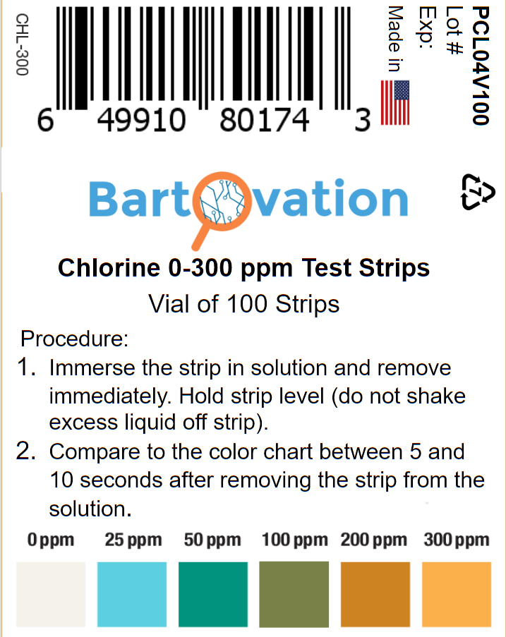 Vial of 100 Strips Restaurant Chlorine Sanitizer Plastic Test Strips 0-300 ppm 