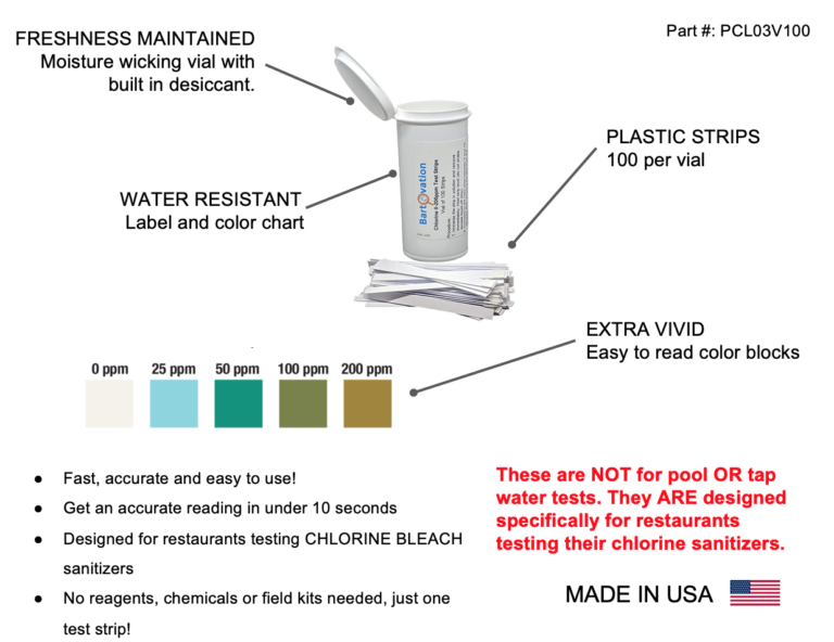 Restaurant Chlorine Sanitizer Plastic Test Strips, 0200 ppm Moisture