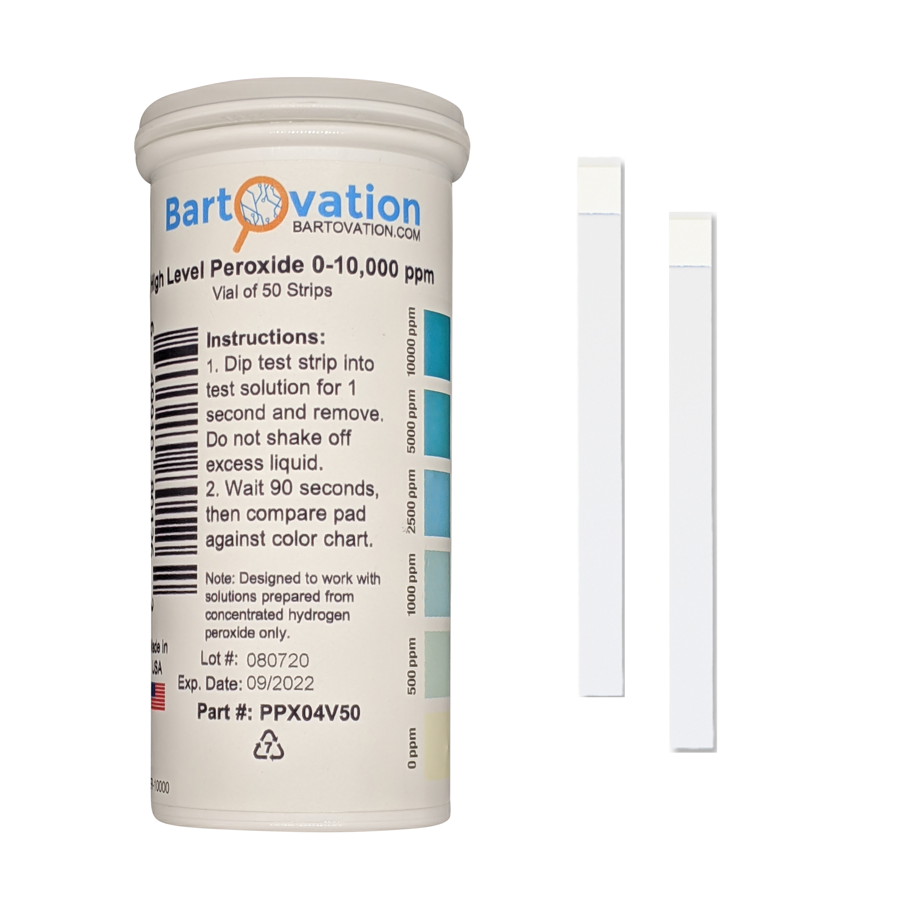 Very High Level Peroxide H2O2 Test Strips, 0-10,000 ppm [Vial of 50 Strips] | Bartovation Test Strips