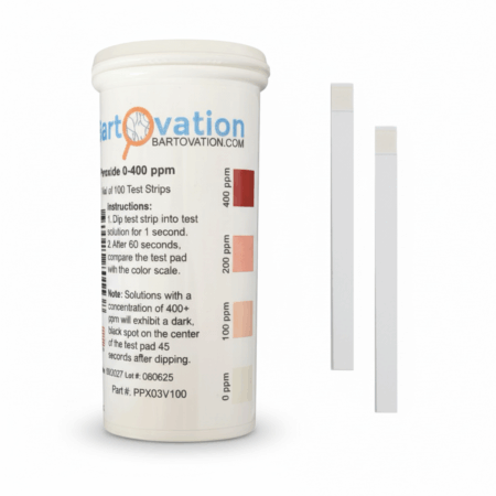 Hydrogen Peroxide H2O2 Test Strips, <span class="bldppm">0-400 ppm</span> [Vial of 100 Strips]