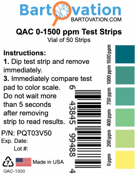 Quaternary Ammonium (QAC, Multi Quat) Sanitizer Test Strips, <span class="bldppm">0-1500 ppm</span> [Vial of 50 Strips] - Image 3