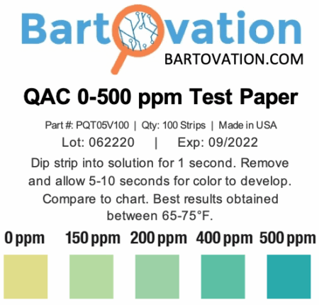 Restaurant Quaternary Ammonium (QAC, Multi Quat) Sanitizer Test Paper, <span class="bldppm">0-500 ppm</span> [Vial of 100 Paper Strips] - Image 3
