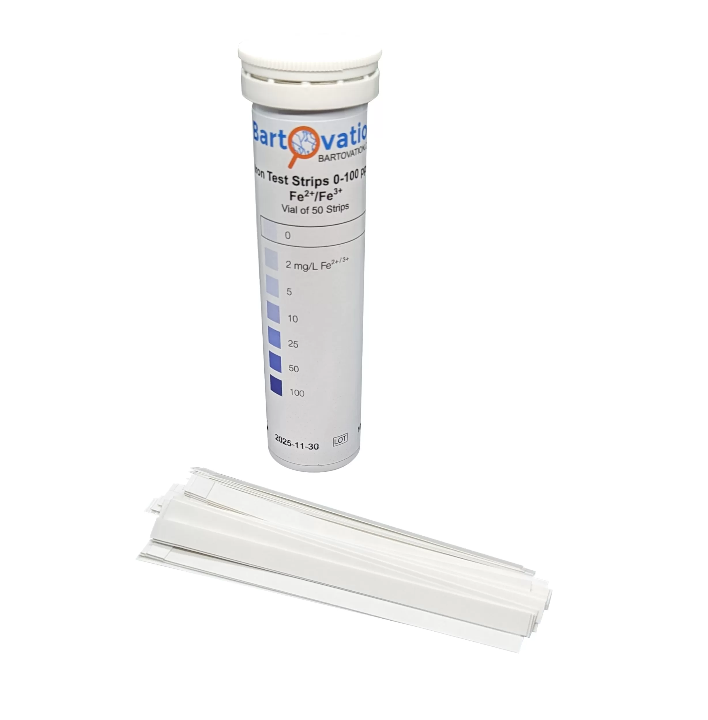 Iron Test Strips, <span class="bldppm">0-100 ppm</span> [Vial of 50 Strips] for Measuring Free Soluble Iron (Fe2+ and Fe3+)