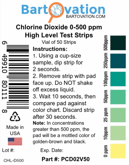 Chlorine Dioxide Single Factor Test Strips, <span class="bldppm">0-500 ppm</span> [Vial of 50 Strips] - Image 3