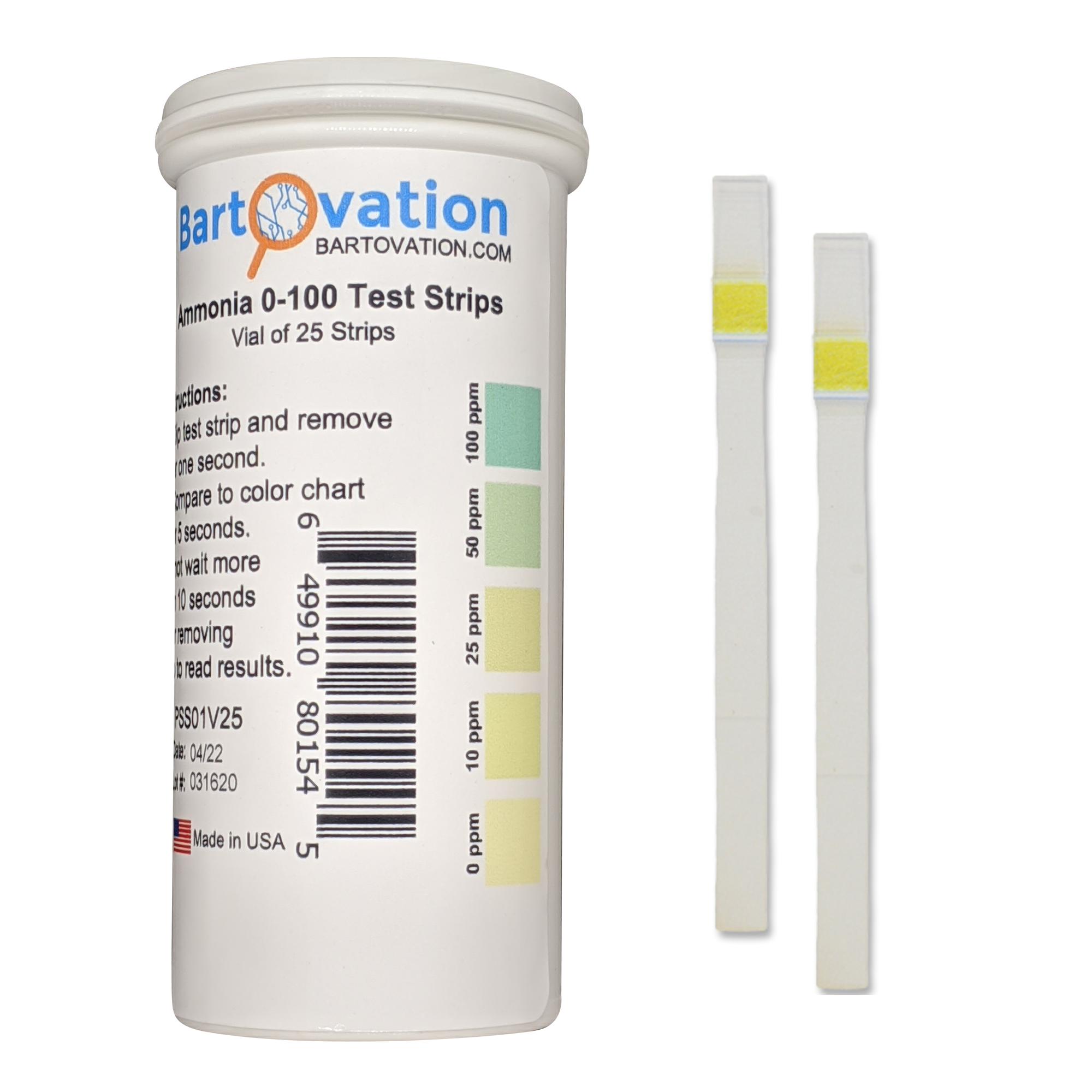 Ammonia Test Strips 0-100 ppm [Vial of 25 | Bartovation Test Strips