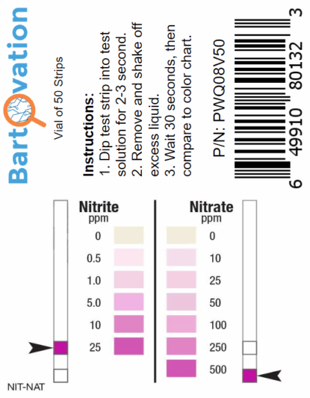 Nitrite 0-25 ppm, Nitrate <span class="bldppm">0-500 ppm</span> Two Pad Test Strip [Vial of 50 Strips] - Image 3