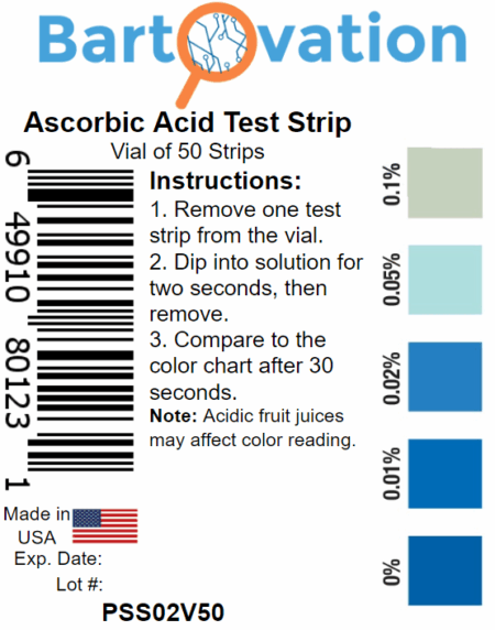 Ascorbic Acid Vitamin C Food Test Strips, 0.01 to 0.1% [Vial of 50 Strips]