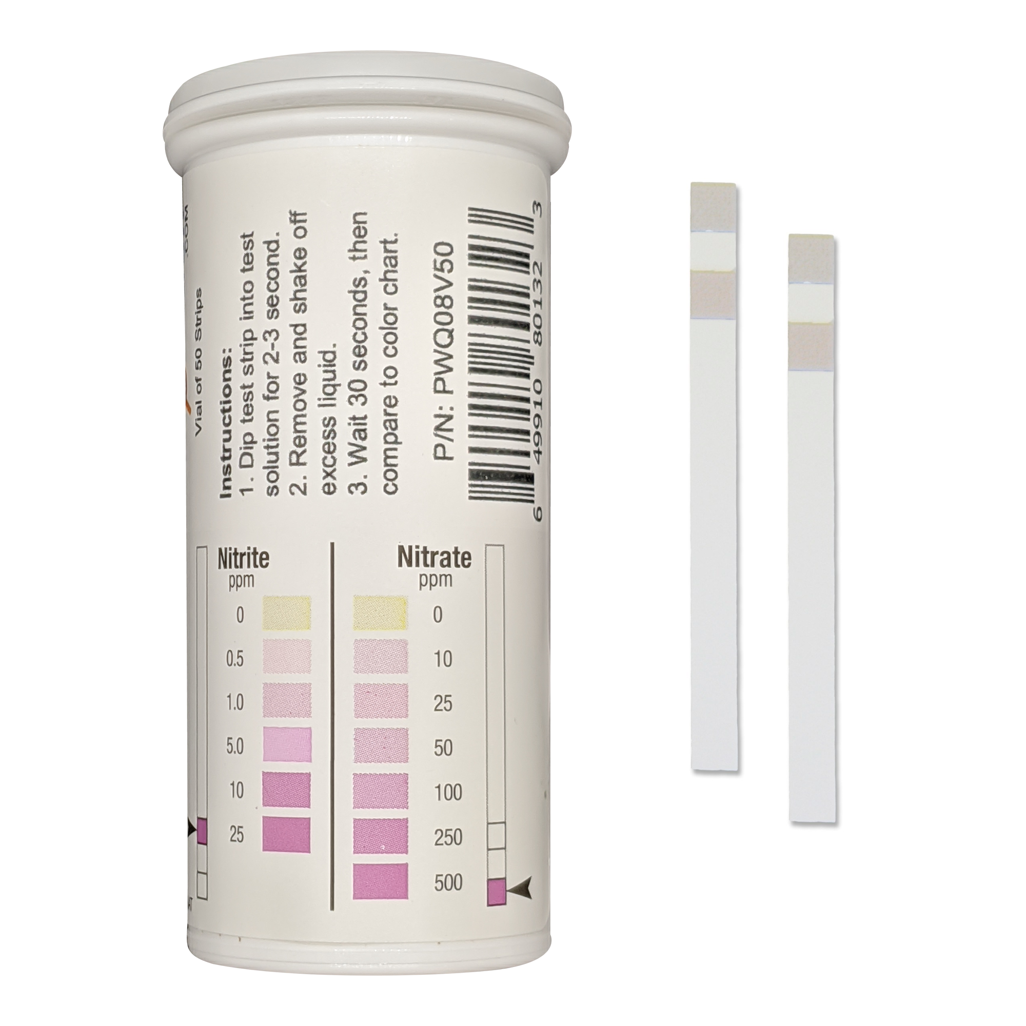 Nitrate 0-500 ppm Two Pad Test Strip Nitrite 0-25 ppm Vial of 50 Strips 