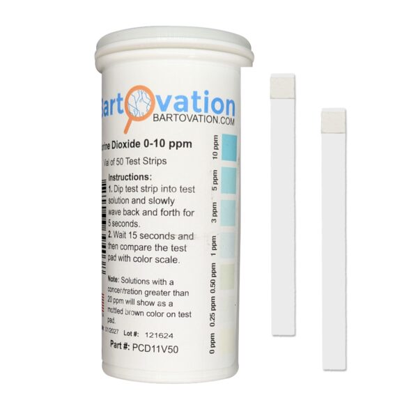 Chlorine Dioxide Single Factor Low Range Test Strips, <span class="bldppm">0-10 ppm</span> [Vial of 50 Strips]