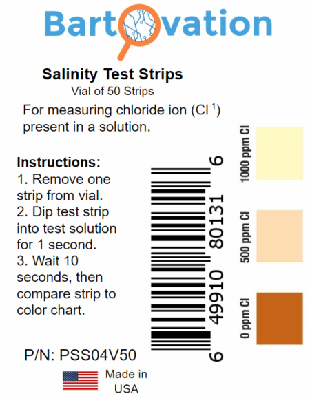 Salinity Chloride Test Strips, <span class="bldppm">0-1000 ppm</span> [Vial of 50 Strips] for Chloride Based Salt Solutions - Image 2