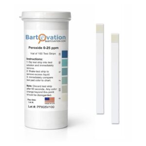 Hydrogen Peroxide H2O2 Test Strips, Low Level, <span class="bldppm">0-25 ppm</span> [Vial of 100 Strips]