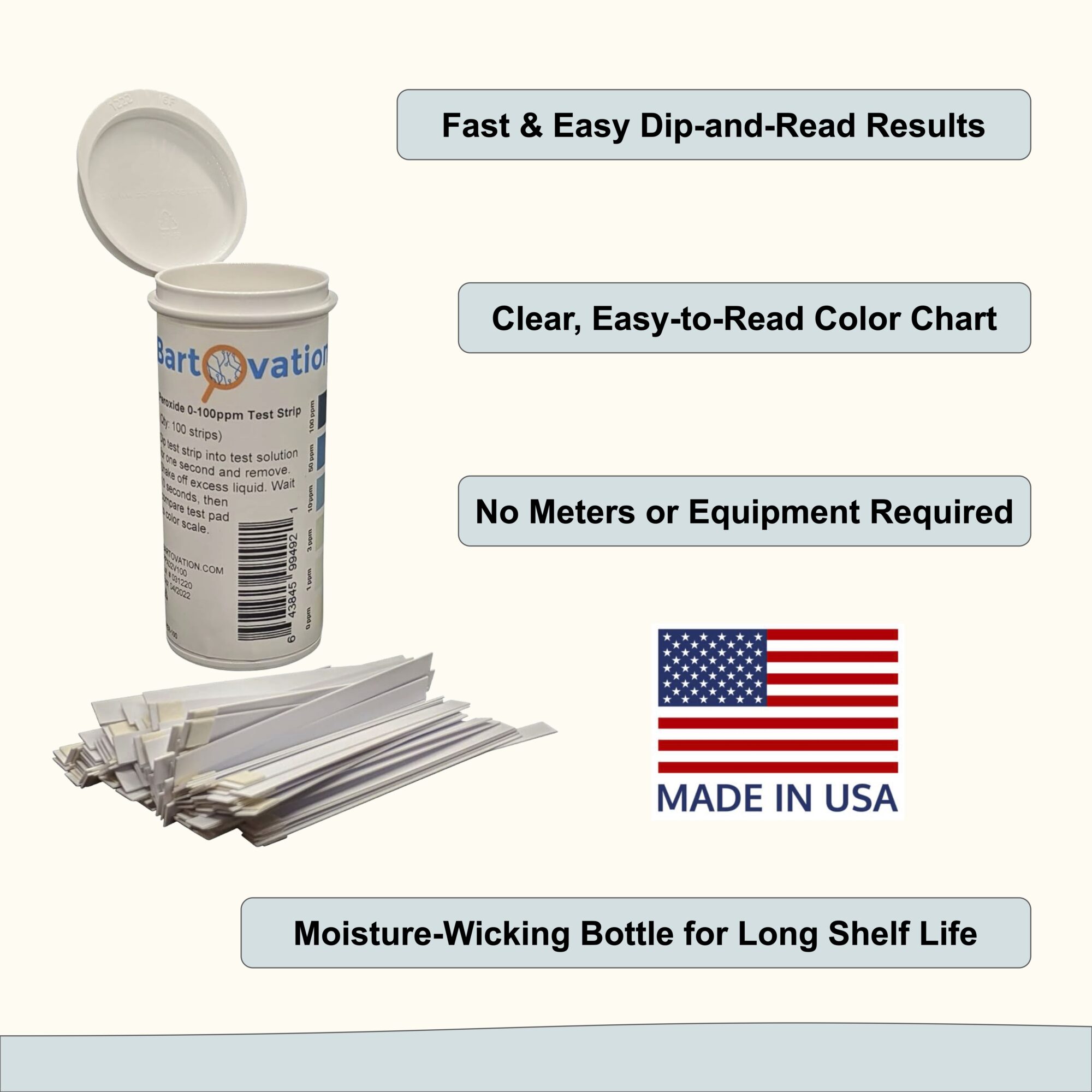 Hydrogen Peroxide H2O2 Test Strips, Low Level, 0-100 ppm