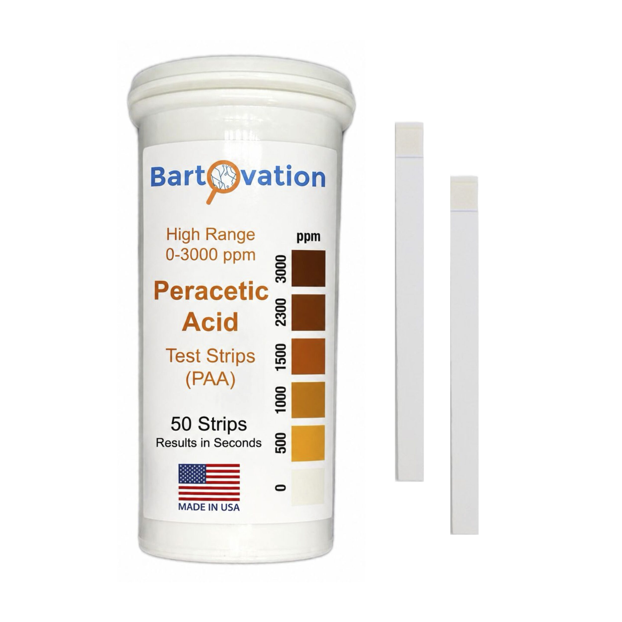Peracetic Acid Test Strips, Extra High-Level, <span class="bldppm">0-3000 ppm</span> [Vial of 50 Strips]